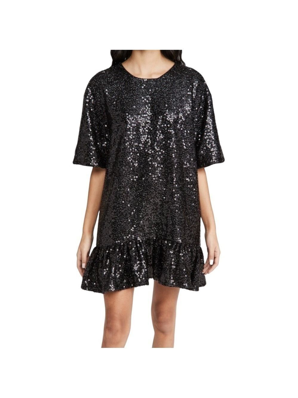 By Together Sequin Drop Waist Ruffle Hem Black Short Dress